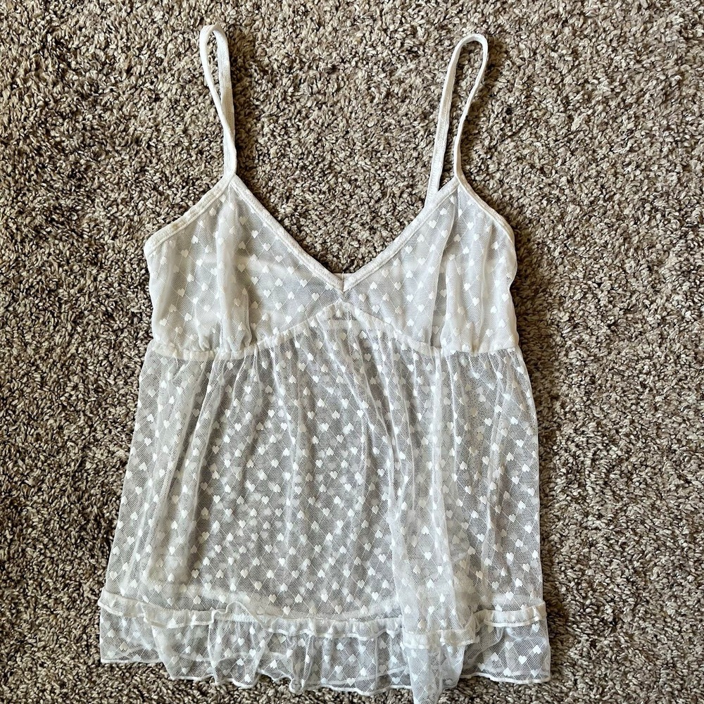 Brandy Melville White Sheer Mesh Camisole Top with Ruffle Hem Hearts